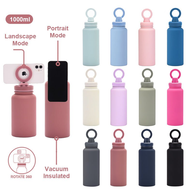 Grey 1L Stainless Steel Water Bottle with Magnetic Phone Holder Lid - Portable Hydration & Hands - Free Stand - Factory Direct Shop