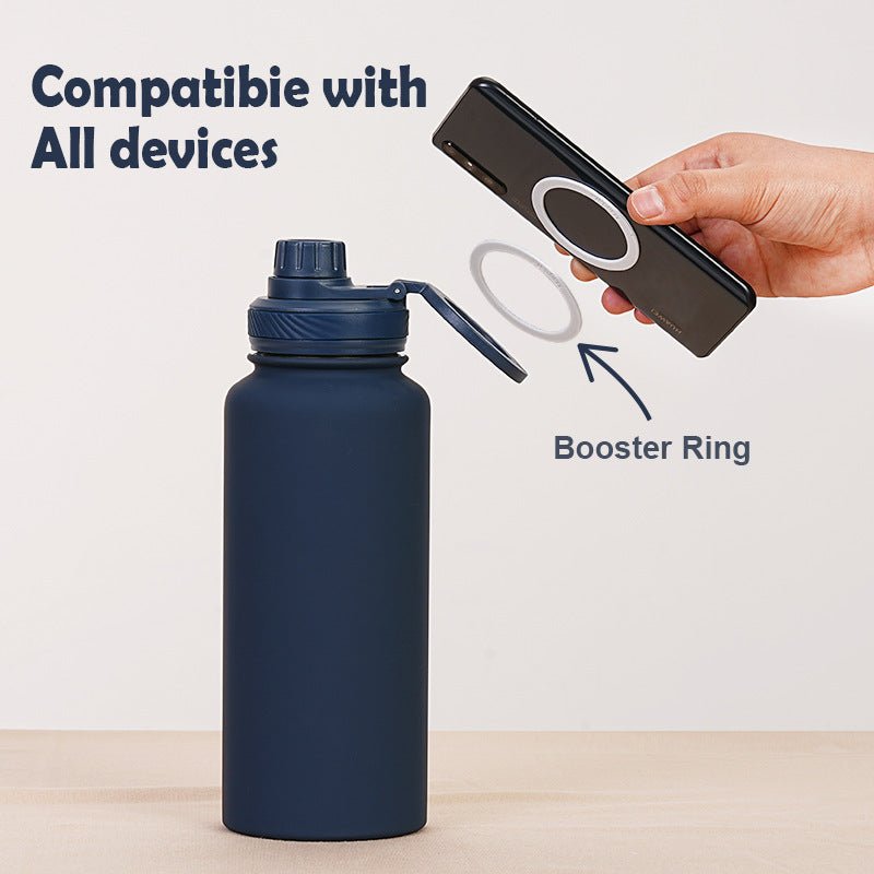 Grey 1L Stainless Steel Water Bottle with Magnetic Phone Holder Lid - Portable Hydration & Hands - Free Stand - Factory Direct Shop