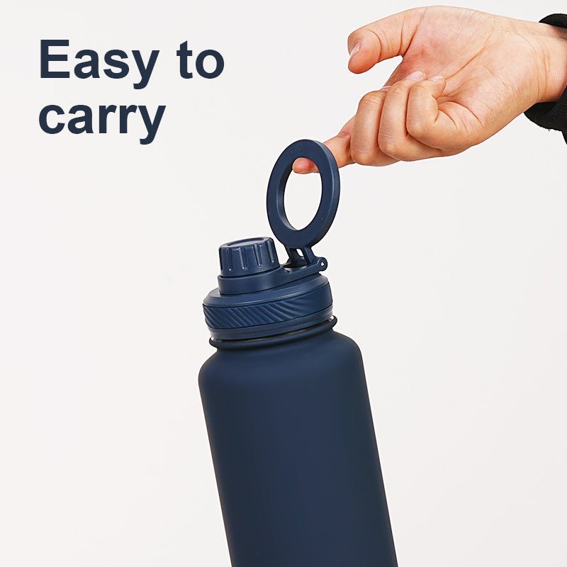 Grey 1L Stainless Steel Water Bottle with Magnetic Phone Holder Lid - Portable Hydration & Hands - Free Stand - Factory Direct Shop
