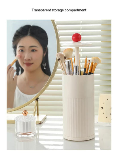 Beige Automatic Lifting Makeup Brush Holder - Dustproof Desktop Organizer with Lid & Compartments