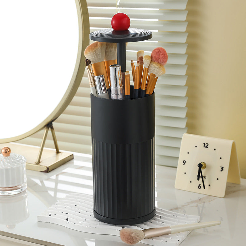 Black Automatic Lifting Makeup Brush Holder - Dustproof Desktop Organizer with Lid & Compartments