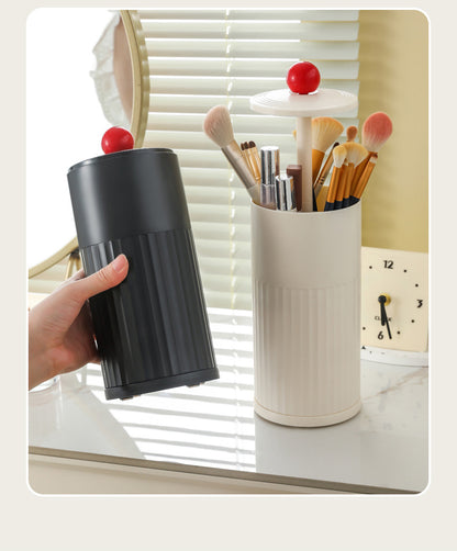 Black Automatic Lifting Makeup Brush Holder - Dustproof Desktop Organizer with Lid & Compartments