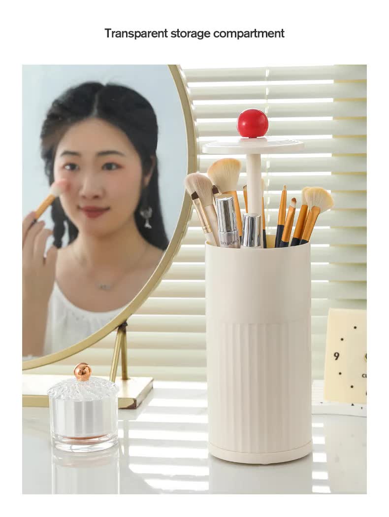 Black Automatic Lifting Makeup Brush Holder - Dustproof Desktop Organizer with Lid & Compartments