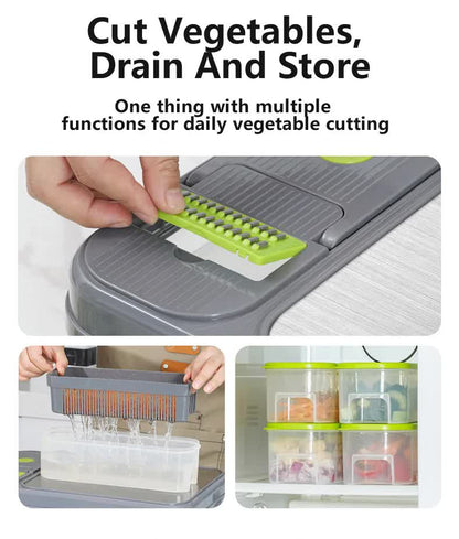 Green And Grey Ultimate 12-in-1 Multi-Functional Vegetable Slicer Dicer Chopper - Mandoline with Storage Containers & Drain Basket