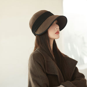 Coffee Elegant Warm Bucket Hat - Minimalist Color Block Design, Face-Slimming Style for Autumn & Winter