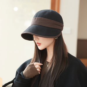 Black Elegant Warm Bucket Hat - Minimalist Color Block Design, Face-Slimming Style for Autumn & Winter