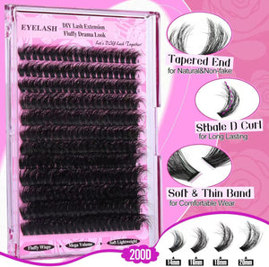3 Pcs Black Mega Volume 200D DIY Lash Clusters - D Curl Faux Mink, Fluffy Drama Look, Mixed Lengths (14-20mm) for Custom Extensions