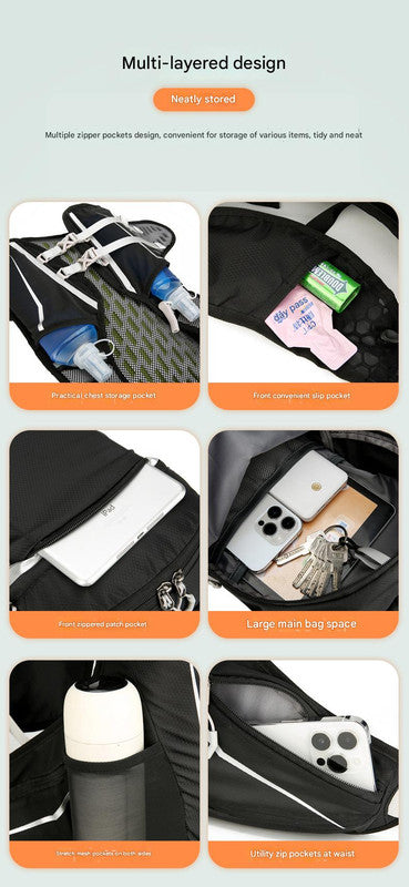 Black Lightweight 16L Outdoor Cycling & Hiking Backpack - Water-Repellent Nylon Daypack with Reflective Strips