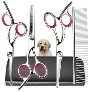 Pink and Silver Complete 5 - Piece Pet Grooming Scissors Kit - Stainless Steel Straight, Curved & Thinning Shears with Comb & PU Case (6.0 Inch) - Factory Direct Shop