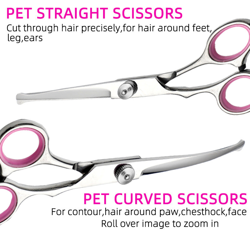 Pink and Silver Complete 5 - Piece Pet Grooming Scissors Kit - Stainless Steel Straight, Curved & Thinning Shears with Comb & PU Case (6.0 Inch) - Factory Direct Shop