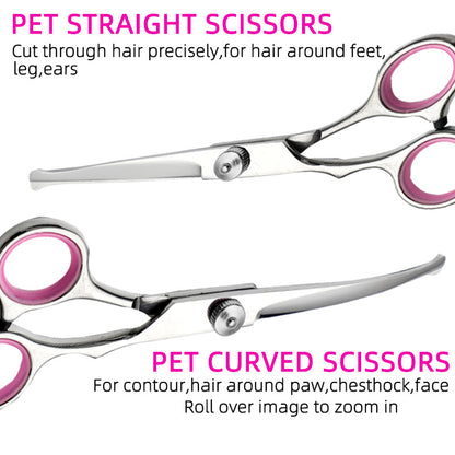 Pink and Silver Complete 5 - Piece Pet Grooming Scissors Kit - Stainless Steel Straight, Curved & Thinning Shears with Comb & PU Case (6.0 Inch) - Factory Direct Shop