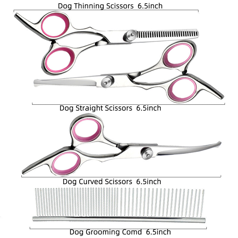 Pink and Silver Complete 5 - Piece Pet Grooming Scissors Kit - Stainless Steel Straight, Curved & Thinning Shears with Comb & PU Case (6.0 Inch) - Factory Direct Shop
