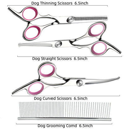 Pink and Silver Complete 5 - Piece Pet Grooming Scissors Kit - Stainless Steel Straight, Curved & Thinning Shears with Comb & PU Case (6.0 Inch) - Factory Direct Shop