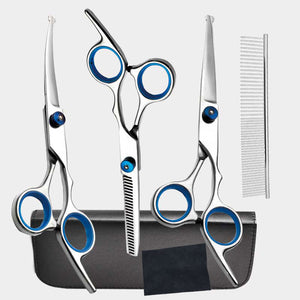 Blue and Silver Complete 5 - Piece Pet Grooming Scissors Kit - Stainless Steel Straight, Curved & Thinning Shears with Comb & PU Case (6.0 Inch) - Factory Direct Shop
