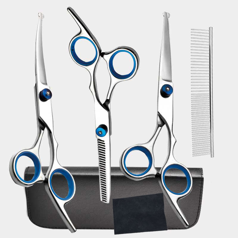 Blue and Silver Complete 5 - Piece Pet Grooming Scissors Kit - Stainless Steel Straight, Curved & Thinning Shears with Comb & PU Case (6.0 Inch) - Factory Direct Shop