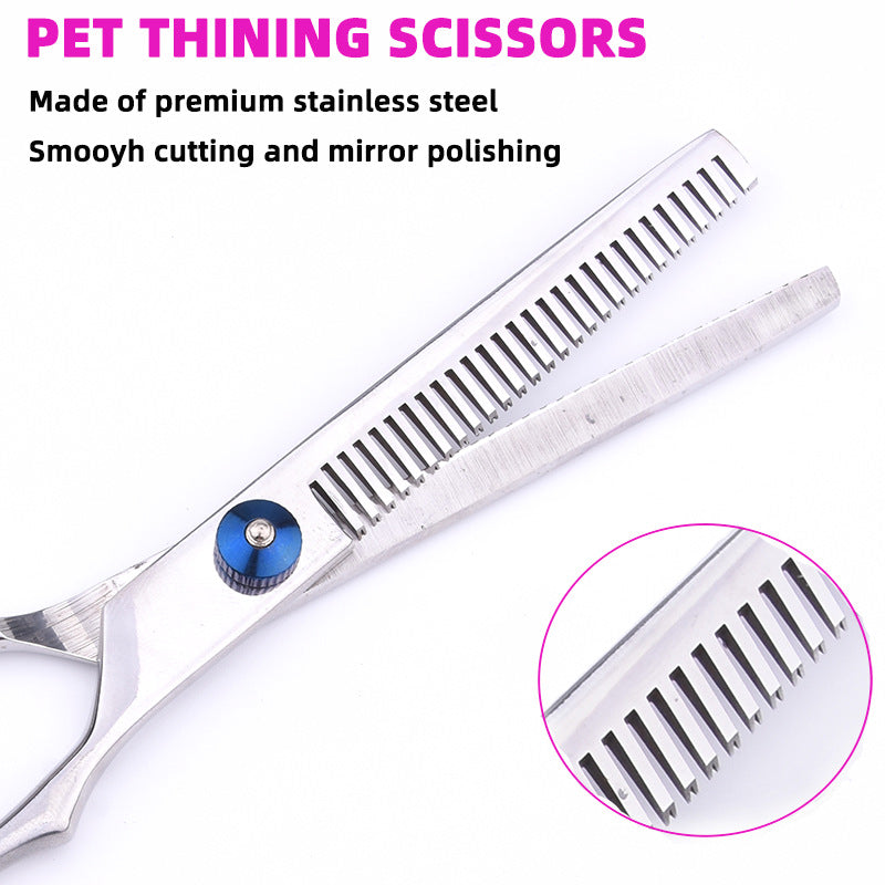 Blue and Silver Complete 5 - Piece Pet Grooming Scissors Kit - Stainless Steel Straight, Curved & Thinning Shears with Comb & PU Case (6.0 Inch) - Factory Direct Shop