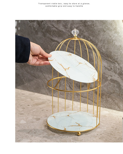 Gold and White Elegant 2-Tier Gold Birdcage Cosmetic Organizer - Wrought Iron Countertop Storage Rack for Skincare, Makeup & Jewelry