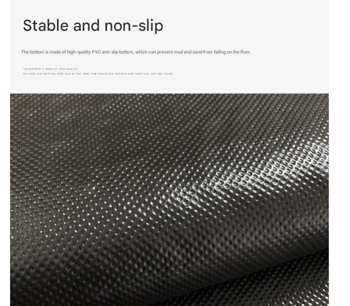 Text on stable and non-slip properties with a close-up of a textured black surface.