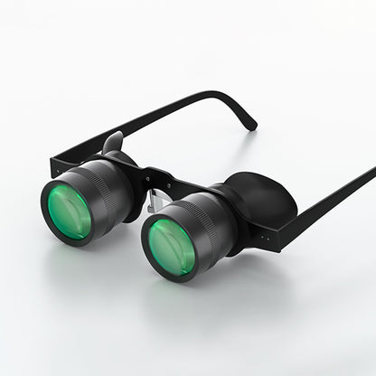 Black Fishing Binoculars with green lenses on a white background