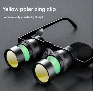Fishing binoculars with a yellow polarizing clip on a dark background