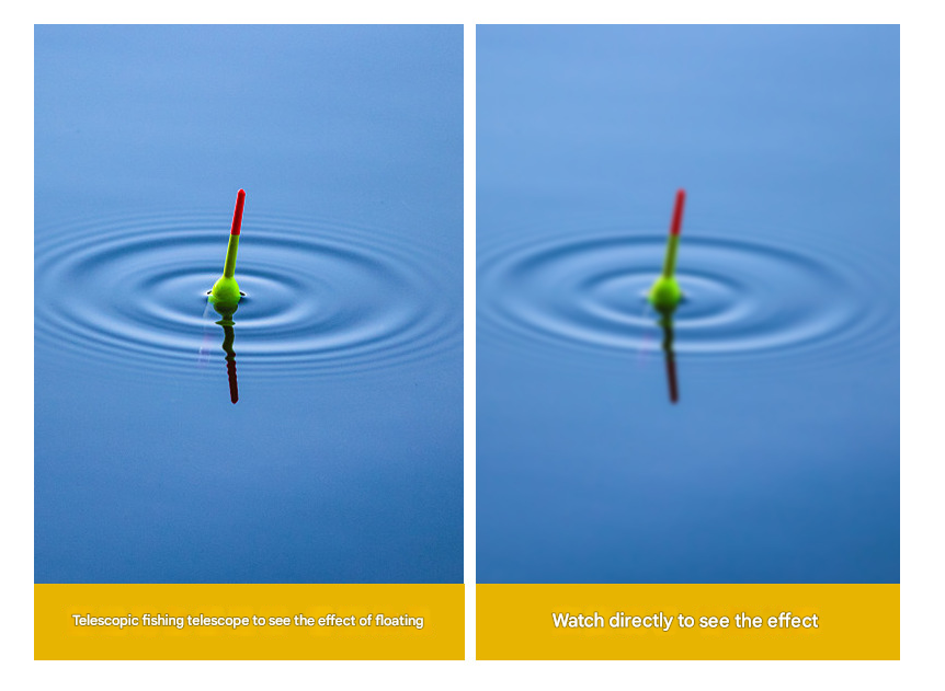 Two images showing a telescopic fishing telescope with a green bobber on water, one with text and one without.