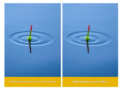Two images showing a telescopic fishing telescope with a green bobber on water, one with text and one without.