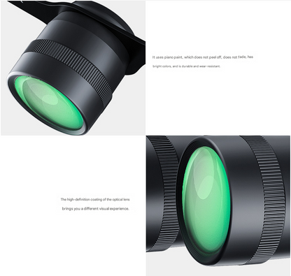 Close-up of a green lens Fishing Binoculars with black housing on a white background