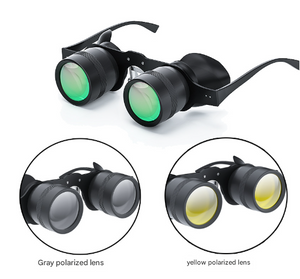 Fishing Binoculars with gray and yellow polarized lenses on a white background
