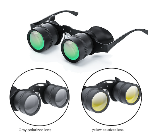 Fishing Binoculars with gray and yellow polarized lenses on a white background