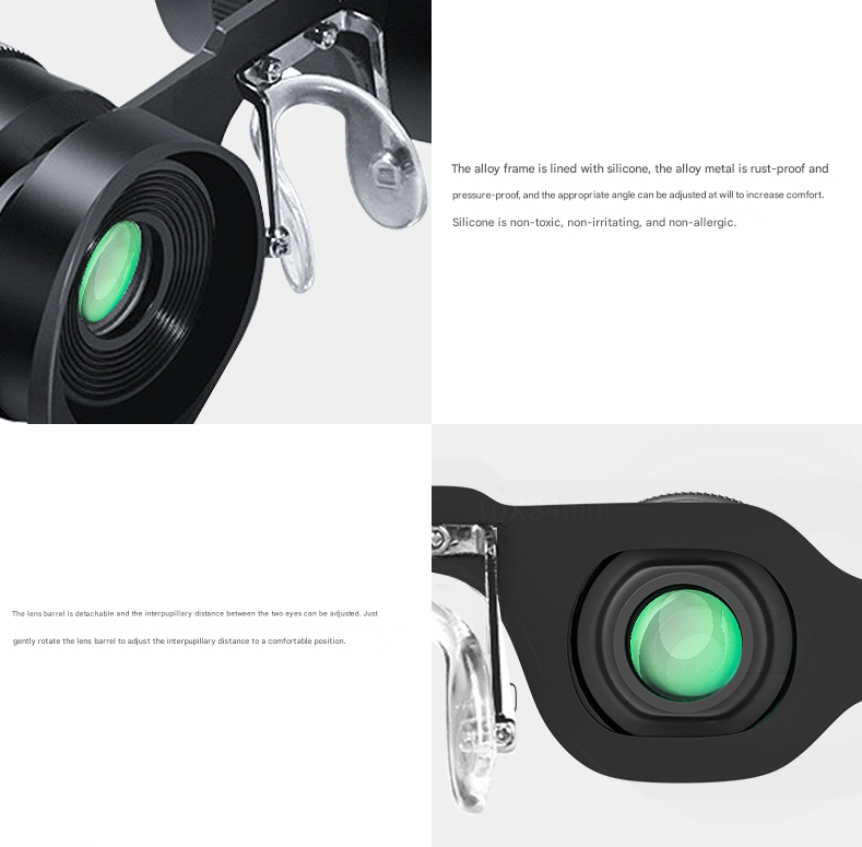 Close-up of Fishing Binoculars  with a focus on the frame and lenses, featuring text about material properties.