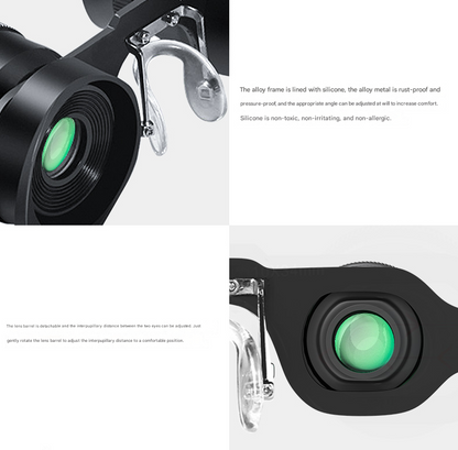Close-up of Fishing Binoculars  with a focus on the frame and lenses, featuring text about material properties.