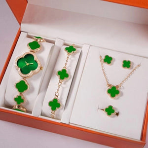 Elegant 5-Piece Women's Jewelry & Watch Set - Crystal Accented Heart Design(Green)