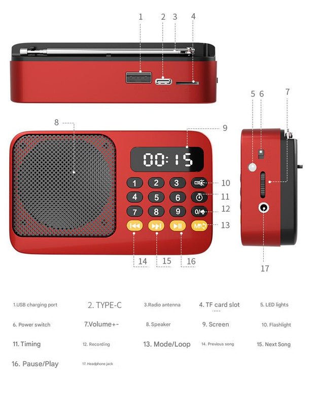Portable Digital Music Player & FM Radio,4 Playback Modes, LED Flashlight(Gray) - Factory Direct Shop
