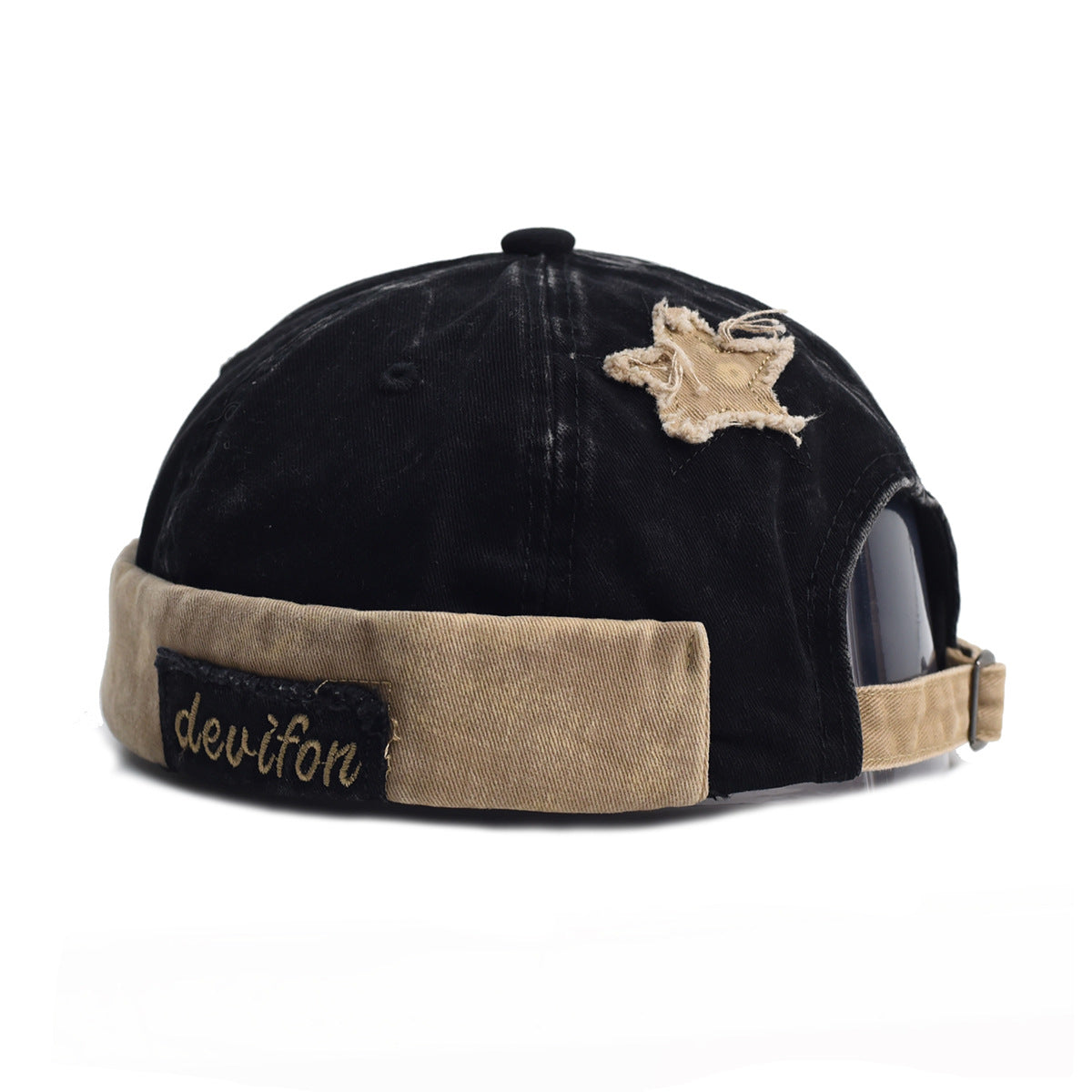 Vintage Washed Cotton Docker Cap - Unisex Brimless Beanie Hat with Star Patch(Black)