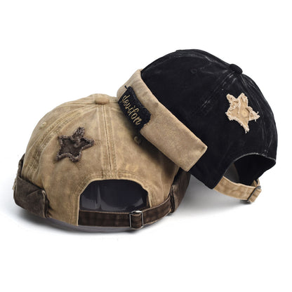 Vintage Washed Cotton Docker Cap - Unisex Brimless Beanie Hat with Star Patch(Green)