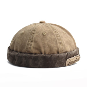 Vintage Washed Cotton Docker Cap - Unisex Brimless Beanie Hat with Star Patch(Khaki)