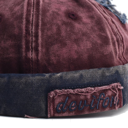 Vintage Washed Cotton Docker Cap - Unisex Brimless Beanie Hat with Star Patch(Khaki)