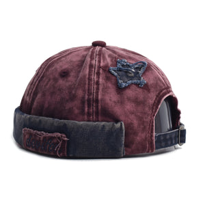 Vintage Washed Cotton Docker Cap - Unisex Brimless Beanie Hat with Star Patch(Wine red)