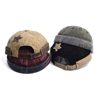 Vintage Washed Cotton Docker Cap - Unisex Brimless Beanie Hat with Star Patch(Wine red)