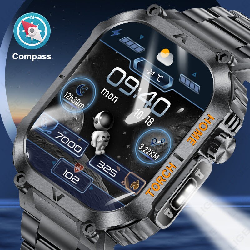 Smartwatch with Flashlight, Compass & Wireless Calling - Health & Fitness Tracker(Black silicone with black case) - Factory Direct Shop