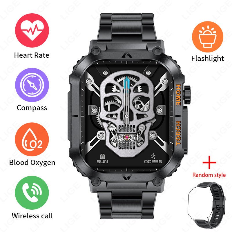 Smartwatch with Flashlight, Compass & Wireless Calling - Health & Fitness Tracker(Black case with black steel + black silicone) - Factory Direct Shop