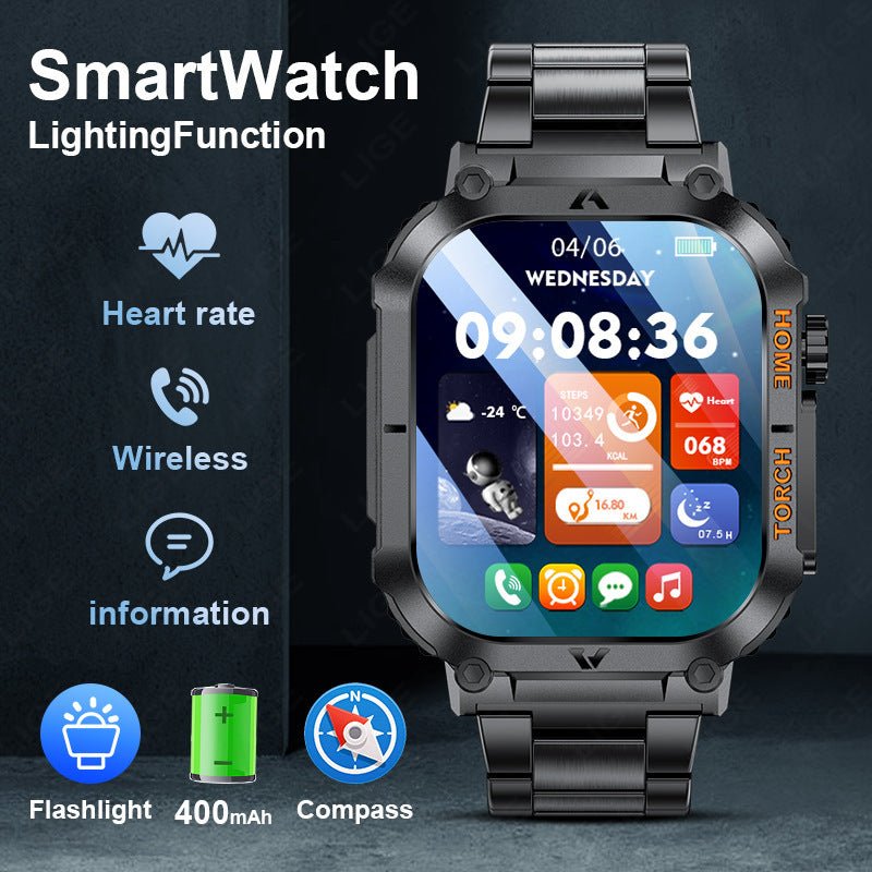 Smartwatch with Flashlight, Compass & Wireless Calling - Health & Fitness Tracker(Black case with black steel + black silicone) - Factory Direct Shop