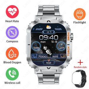 Smartwatch with Flashlight, Compass & Wireless Calling - Health & Fitness Tracker(Silver case with silver steel + black silicone) - Factory Direct Shop