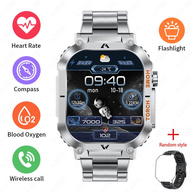 Smartwatch with Flashlight, Compass & Wireless Calling - Health & Fitness Tracker(Silver case with silver steel + black silicone) - Factory Direct Shop