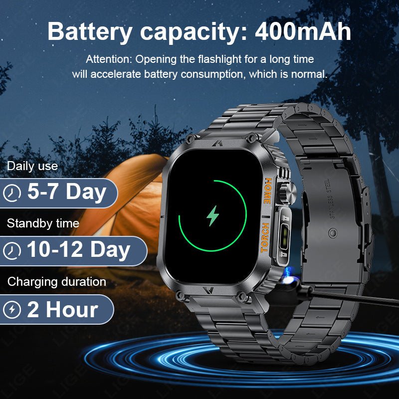 Smartwatch with Flashlight, Compass & Wireless Calling - Health & Fitness Tracker(Silver case with silver steel + black silicone) - Factory Direct Shop