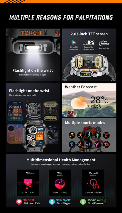 Smartwatch with Flashlight, Compass & Wireless Calling - Health & Fitness Tracker(Silver case with silver steel + black silicone) - Factory Direct Shop