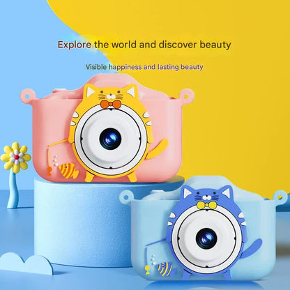 Digital Camera with Cute Cat Silicone Case - Dual Lens, 96MP, HD Screen & Music Playback(pink)