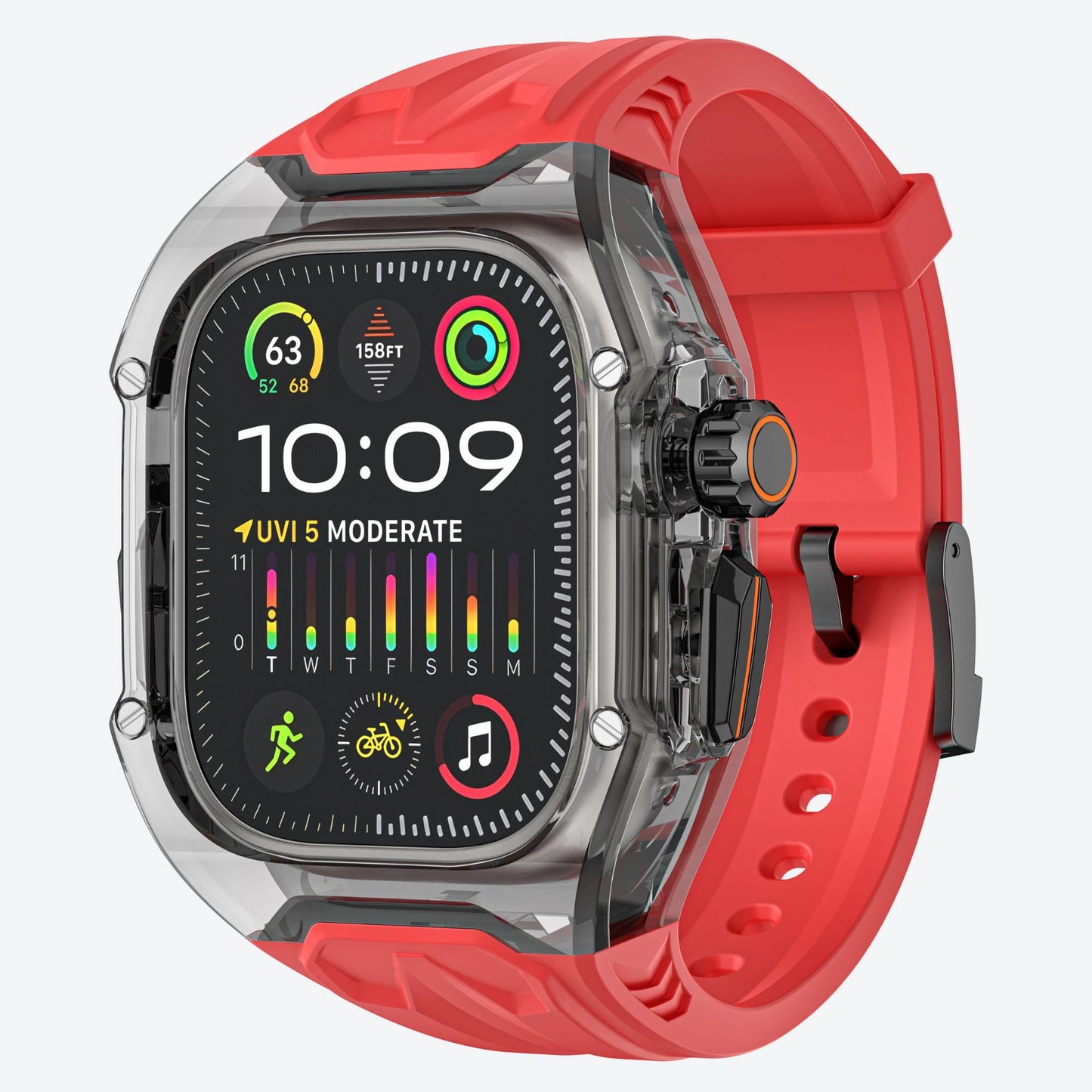 Transparent PC+TPU Sports Watch Strap & Case for Smart Watch - Raised Edge Protection, Wireless Charging Compatible(Red transparent black)