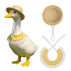 Khaki and Yellow 2 Sets Adorable Porch Goose & Small Pet Costume Set - 2 Summer Straw Hat & 2 Gingham Bib - Factory Direct Shop