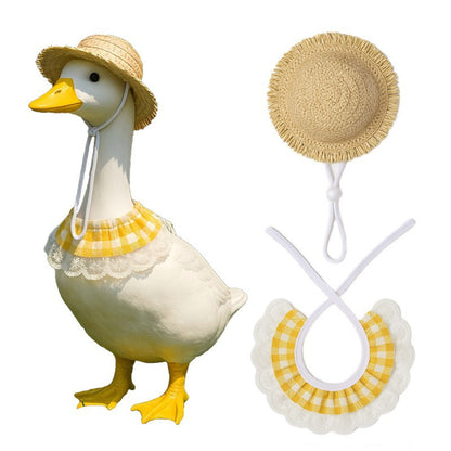 Khaki and Yellow 2 Sets Adorable Porch Goose & Small Pet Costume Set - 2 Summer Straw Hat & 2 Gingham Bib - Factory Direct Shop